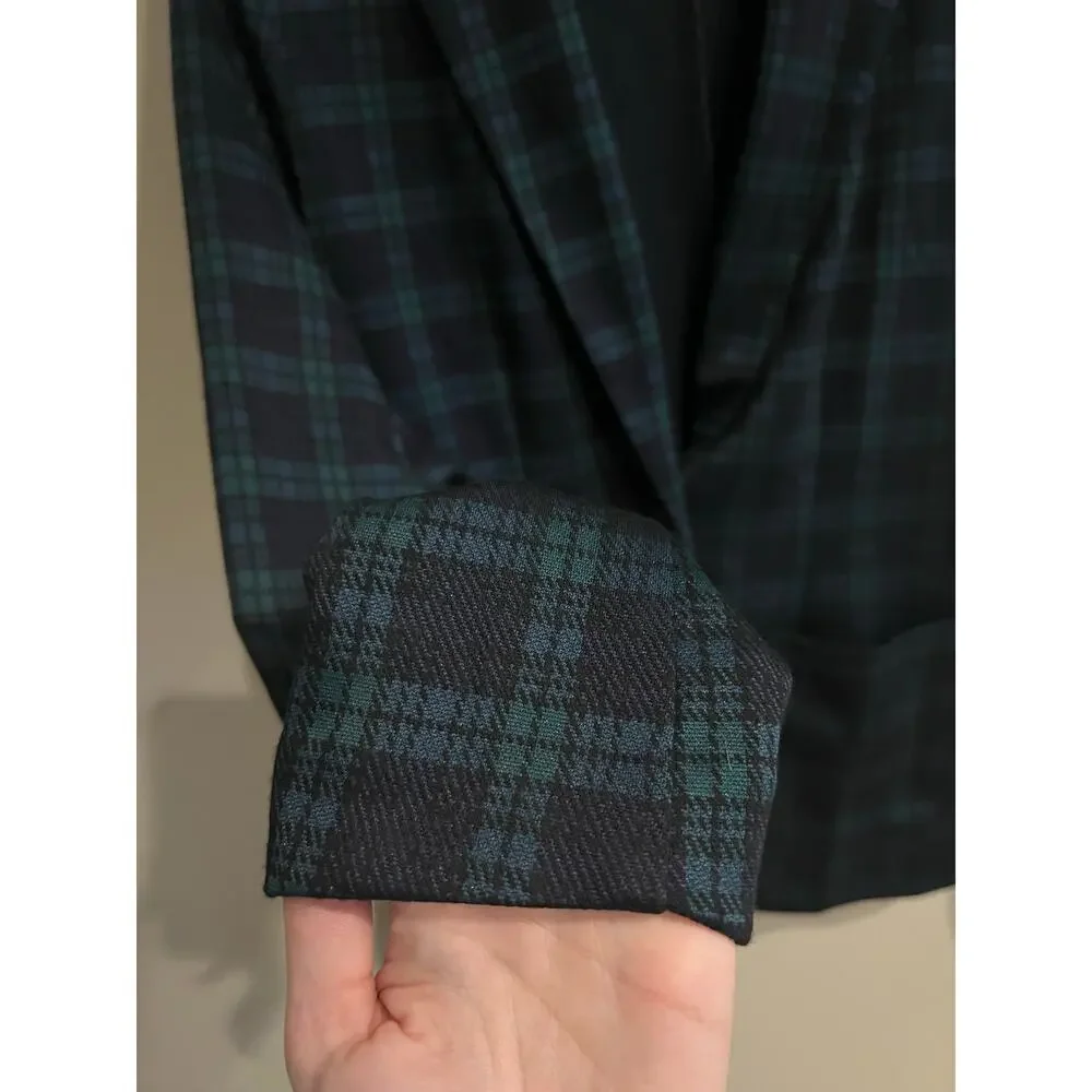 XS Blazer Jacket Blue Green Preppy Plaid Pockets Lapel Collar Button Long Sleeve